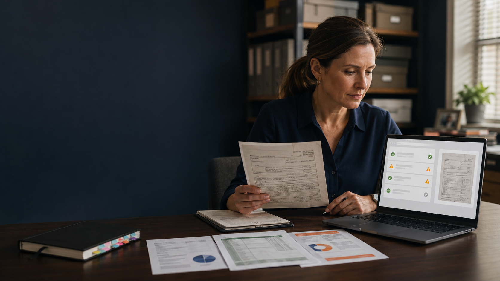 Records specialist comparing a scanned document with a structured inspection report on a laptop