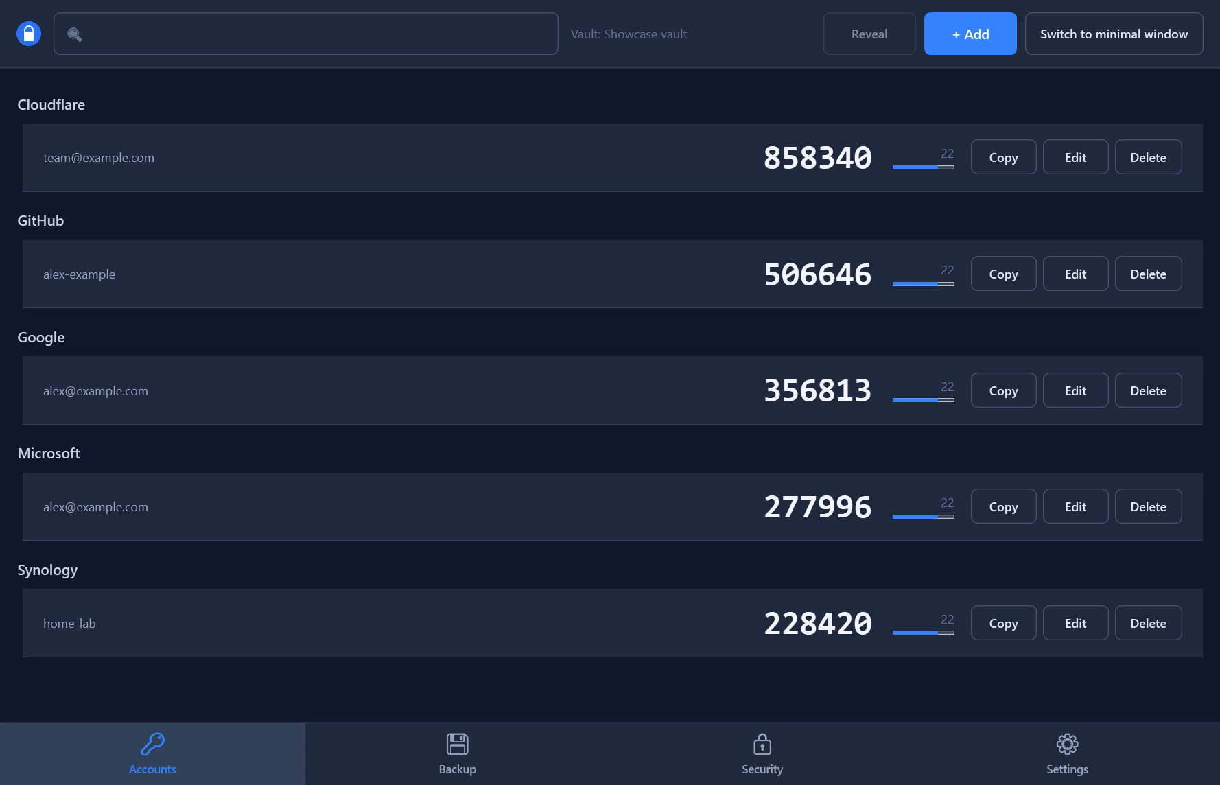 AuthIMO account list with current MFA codes