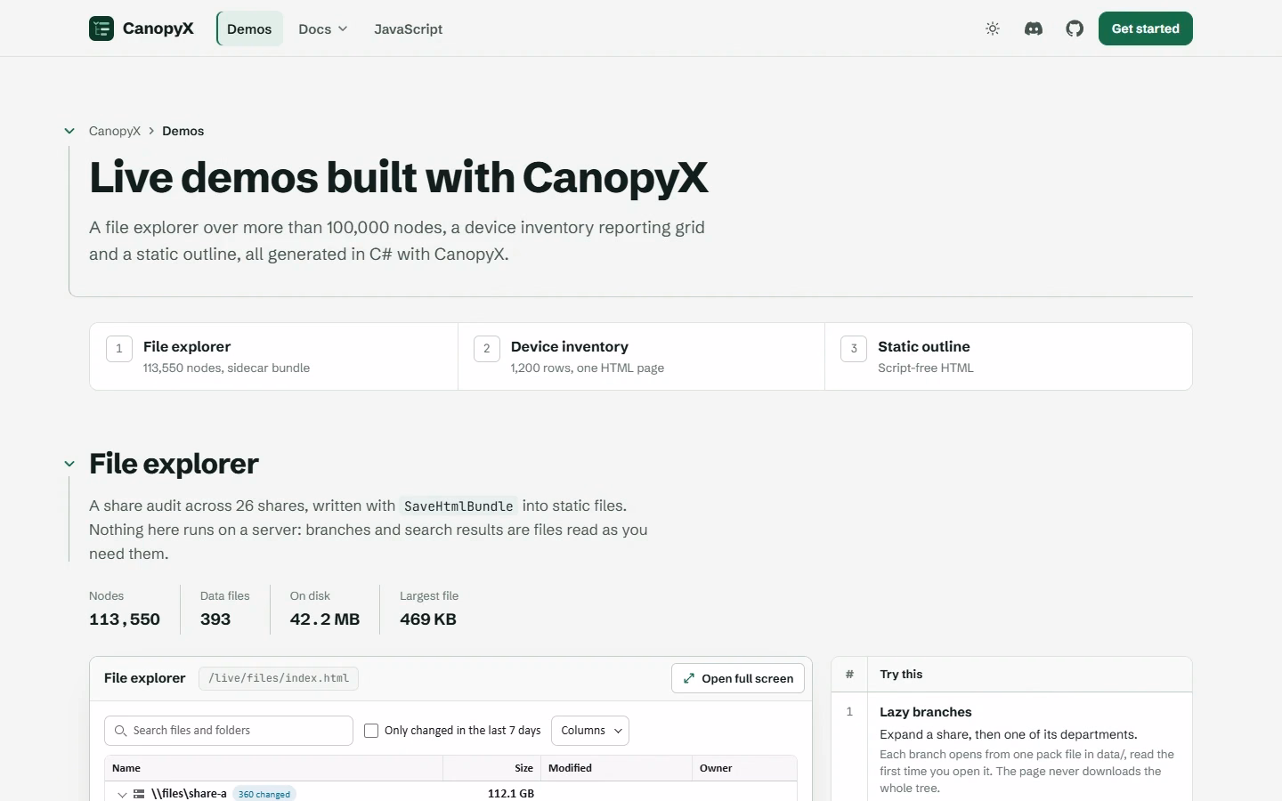 CanopyX live demos page showing a file explorer built from more than 100,000 nodes