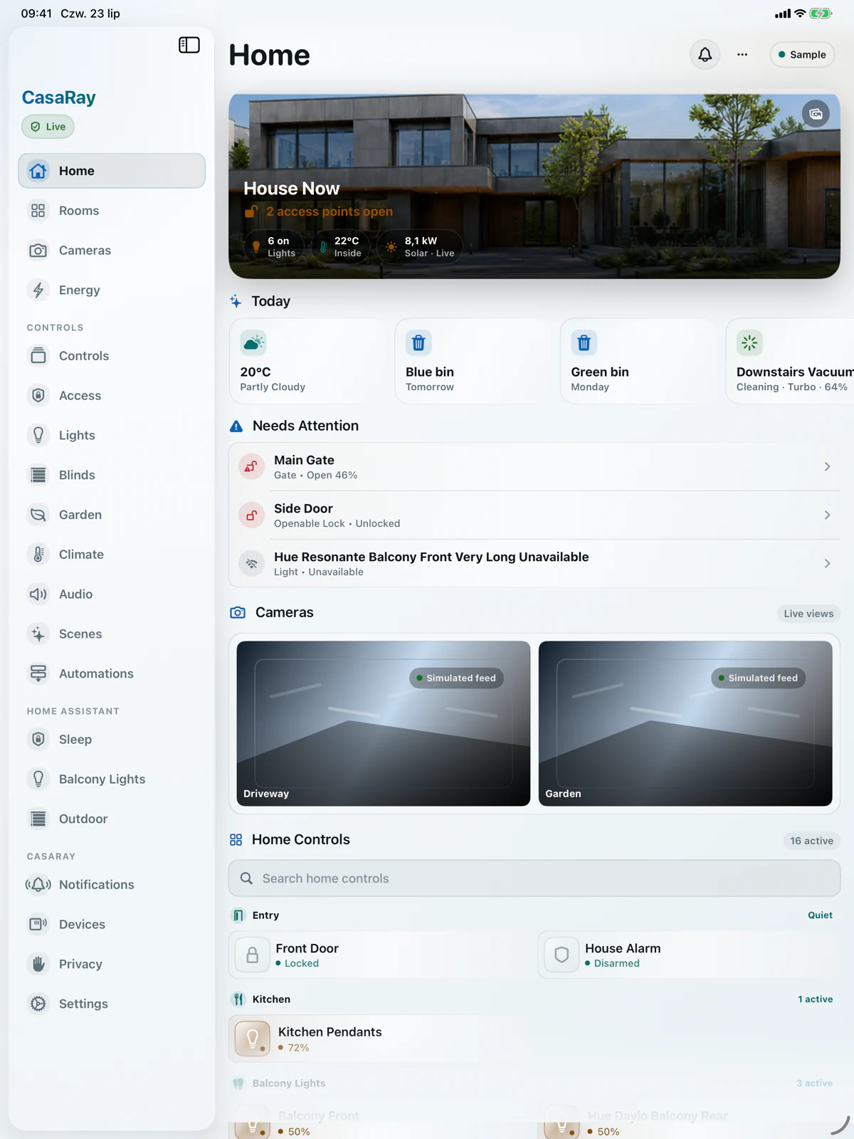 CasaRay Home screen on iPad with cameras and grouped controls