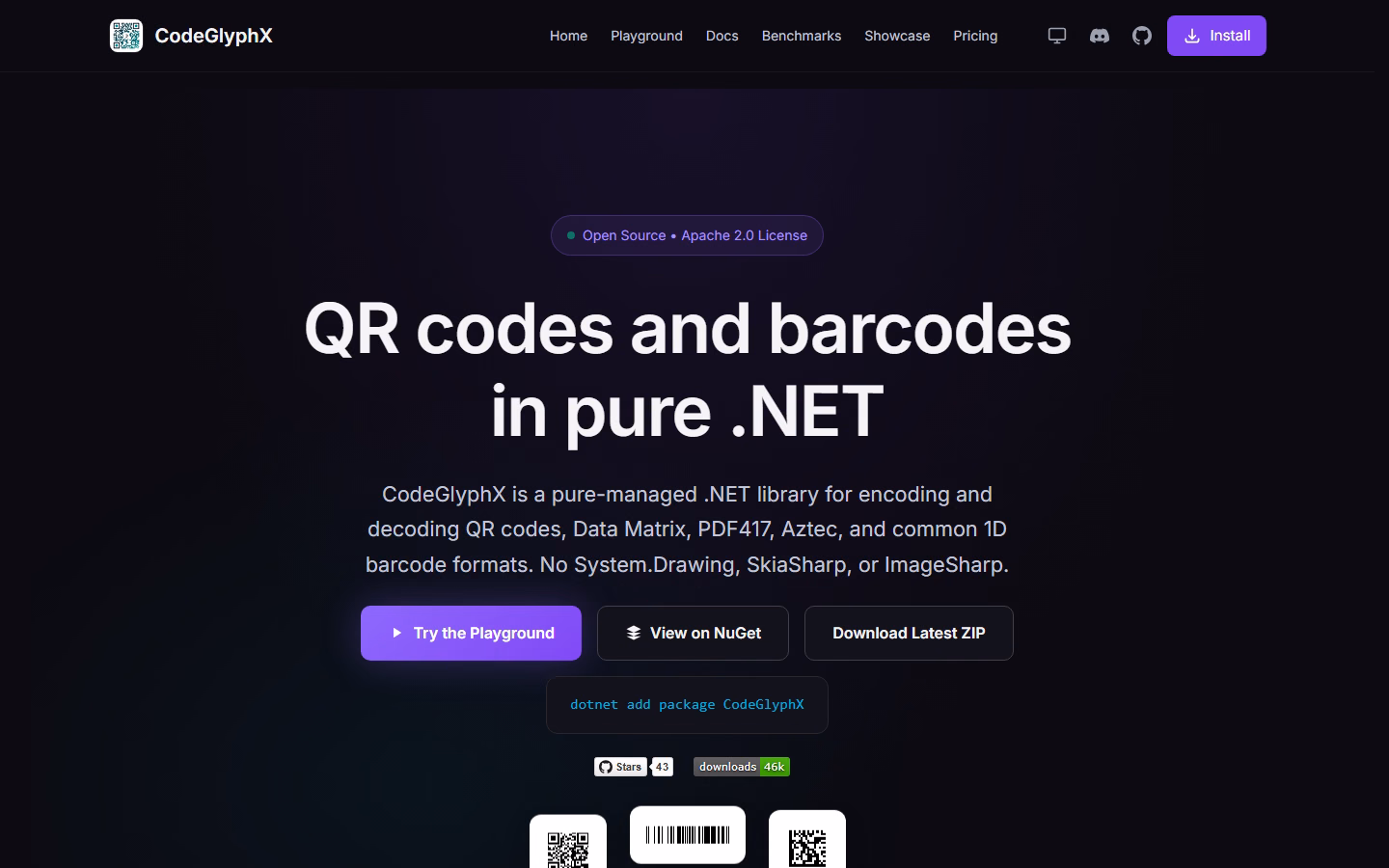 CodeGlyphX home page: QR codes and barcodes in pure .NET, with the dotnet add package CodeGlyphX command
