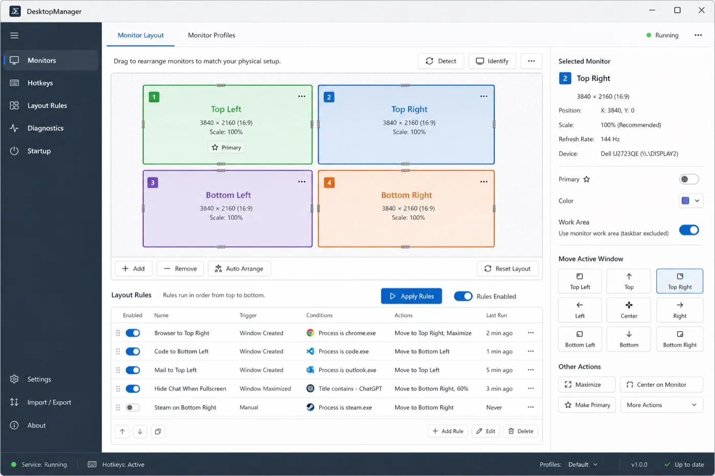 Planned DesktopManager Monitors page design showing four displays and layout rules