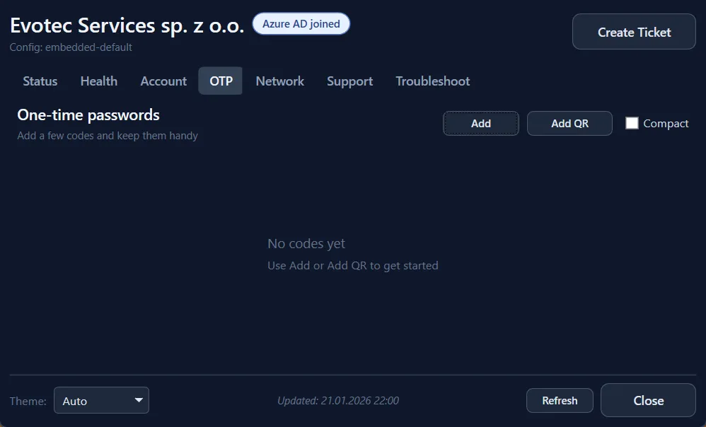 InformationBox one-time passwords tab ready to add codes manually or from a QR code