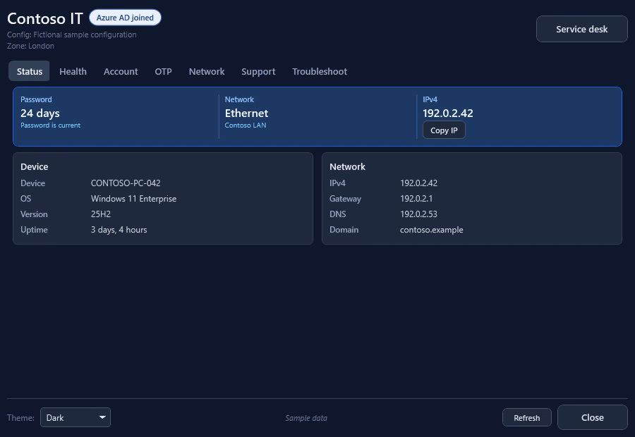 InformationBox status view with password expiry, network, device, and tenant details