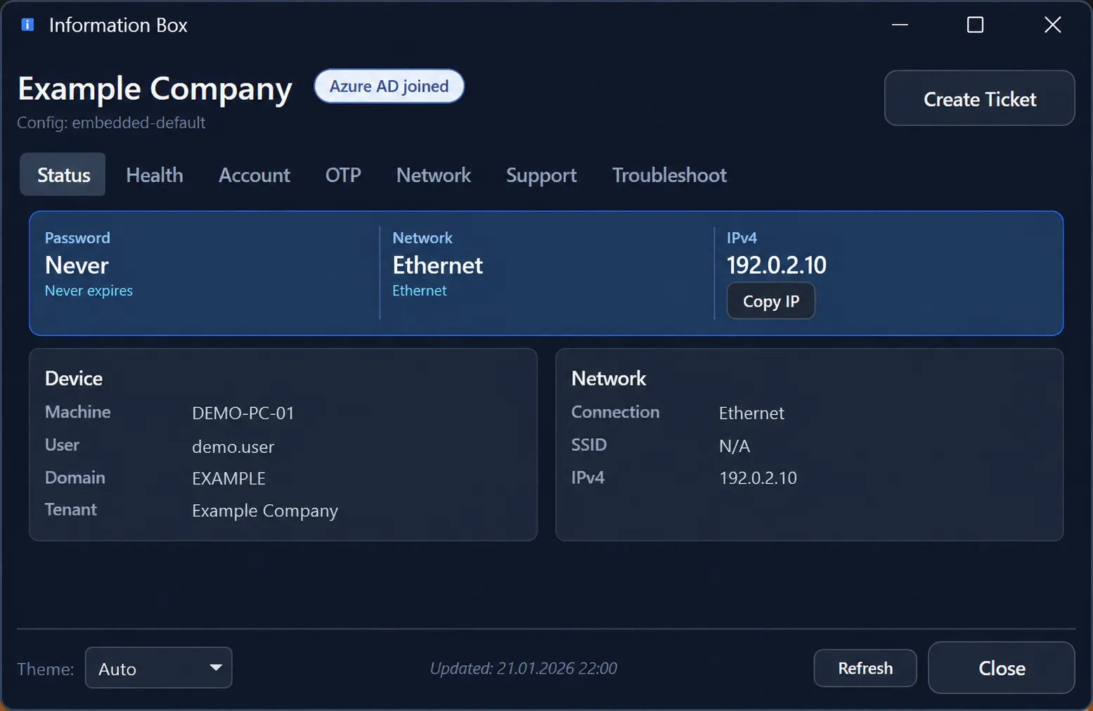 InformationBox status view with password expiry, network, device, and tenant details