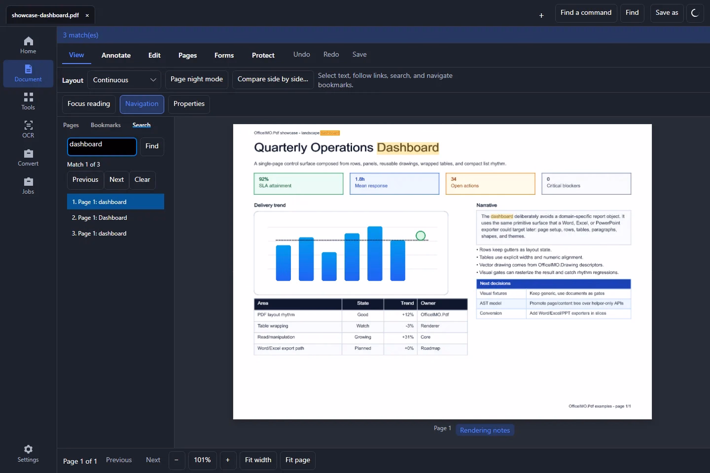OfficeIMO Studio search panel listing three matches for dashboard with the first match highlighted on the page