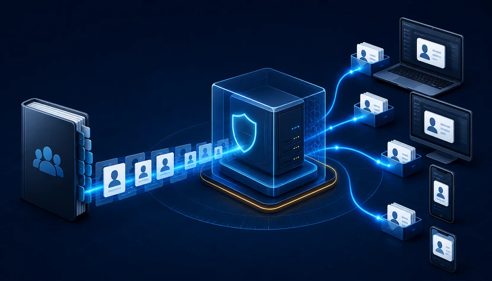 Company directory contacts flowing through a protected local service to selected mailboxes and devices