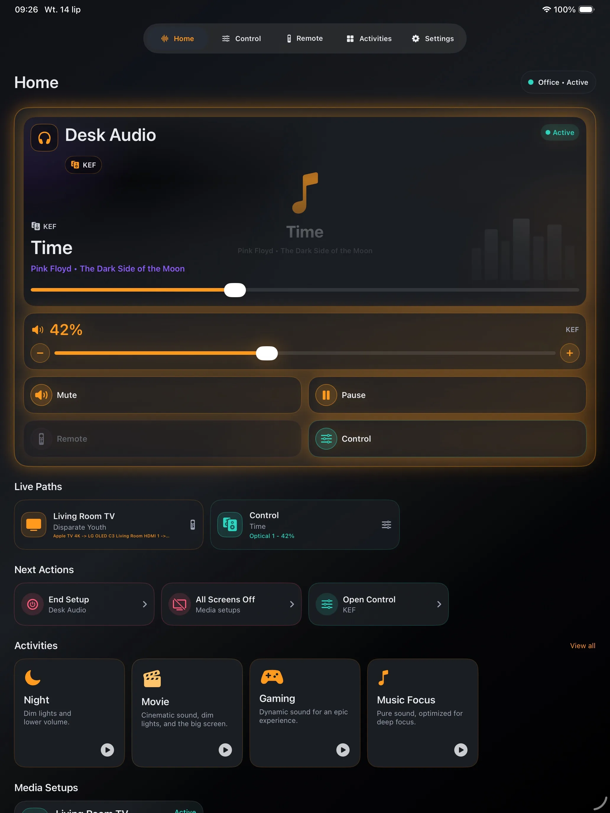 Tactra Remote home dashboard on iPad