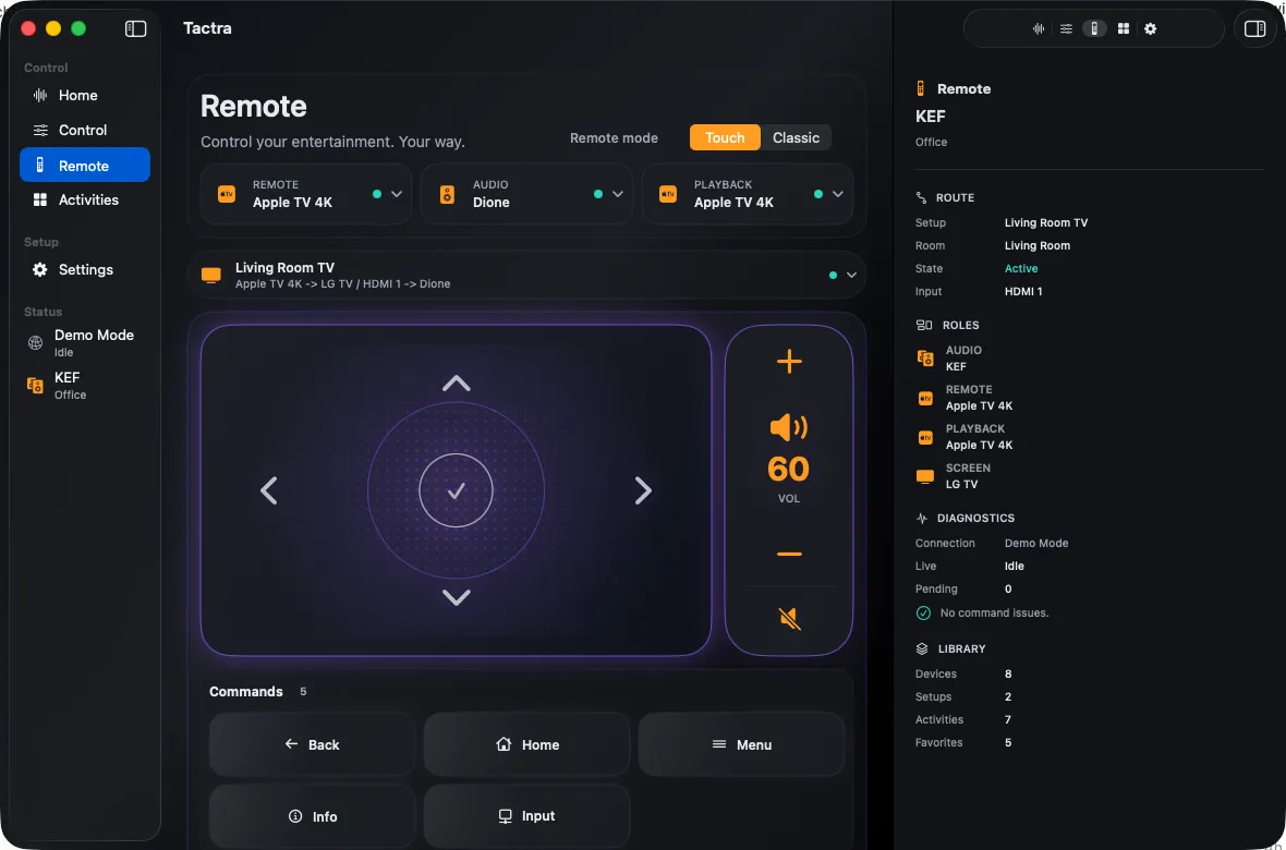 Tactra Remote on Mac with separate remote, audio, and playback targets