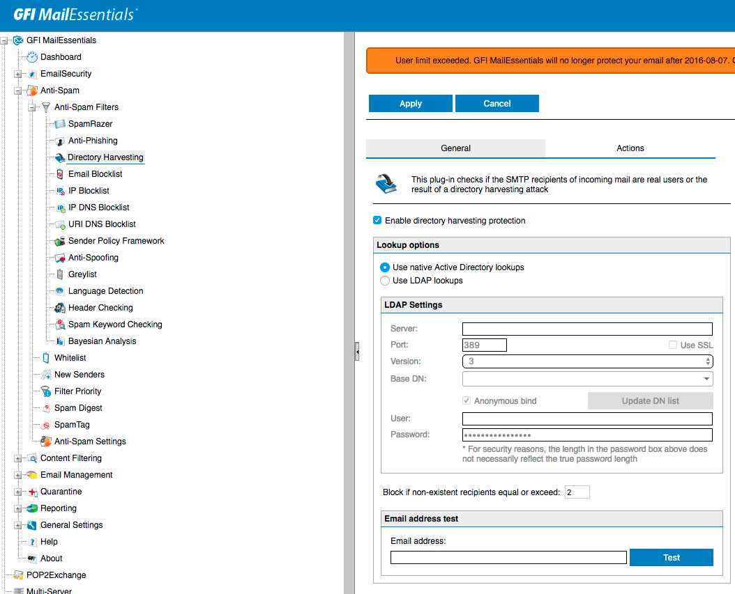 gfi mailessentials no users