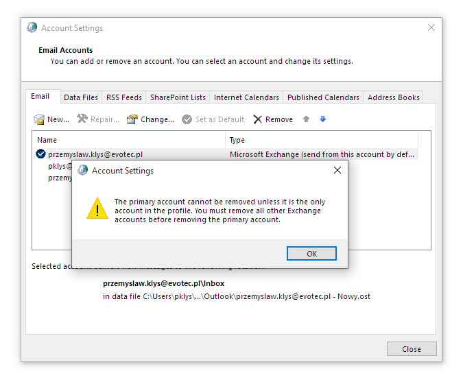 remove primary account outlook